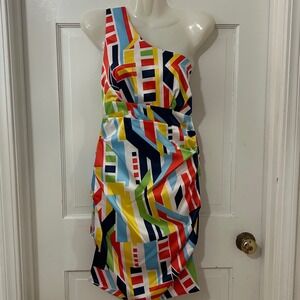 Rubber Ducky Colorful One Shoulder Dress Sz M Satin Pop Art Ruched Party Mod Y2K